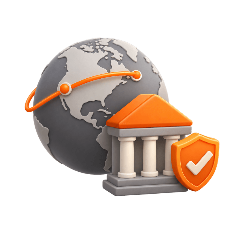 3D illustration of a globe, a bank and a security shield