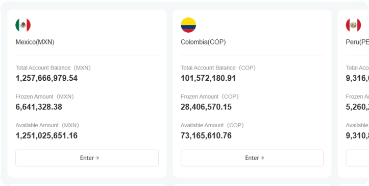 Local currency accounts in Mexico, Colombia and Peru with available balances